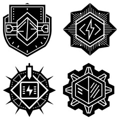 Poster - Four distinct black and white emblems featuring geometric shapes and symbolic designs arranged in a grid pattern