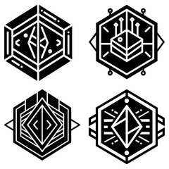 Poster - Four black and white abstract hexagonal designs with geometric shapes and intricate line work details shown