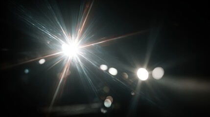 Poster - A bright sun shining with flares in the dark. The sun emits a strong ray of light, with lens flares across a dark background