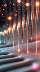 Poster - Thin strands of color rise from textured surface with glowing particles indicating genetic modification and advanced science.