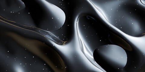 Poster - An abstract wavy liquid metallic surface with glittering speckles, creating a sleek and futuristic aesthetic. The composition presents a flowing, reflective texture with a touch of mystery