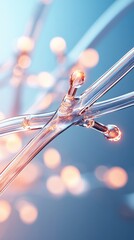 Poster - Clear glass strands with glowing tips against a soft blue blurred background