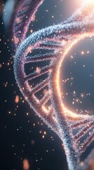 Poster - Genetic engineering creating sparkling double helix structure with glowing particles and light effects on dark background.