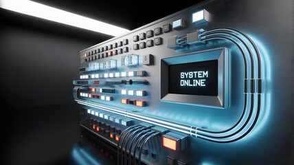 Futuristic control panel with illuminated 'SYSTEM ONLINE' display and intricate wiring