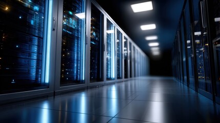 Poster - Data center corridor with illuminated server racks, showcasing the power of technology and digital infrastructure