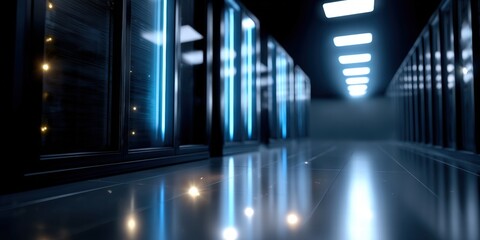 Poster - Modern data center with illuminated servers and a futuristic atmosphere. The servers are emitting a soft blue light.
