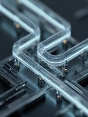 Poster - Intricate network of transparent tubes on a circuit board, representing technology and connectivity. The tubes weave across the surface, forming a complex and interconnected system.