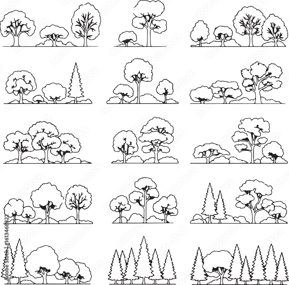 Tree Layout Lines Minimal CAD tree line set, outline tree elements for architecture and ...
