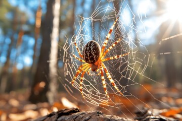 Garden spider in a glistening web on a sunny autumn day.