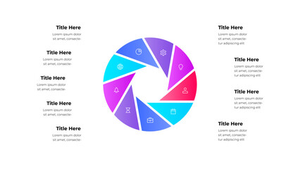 Poster - Illustration of a circular infographic with 9 segmented sections, colorful icons, and placeholders for customizable text labels. Nine steps cycle diagram