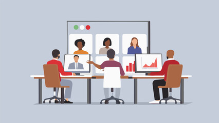 Poster - People attending a virtual meeting with charts and graphs displayed on computer screens in an office space