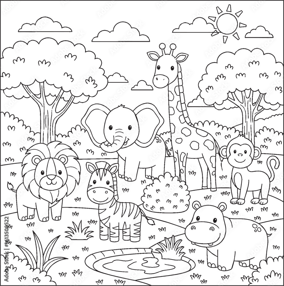 viral Cute Zoo animals Landscape Printable Coloring Page for Kids ...