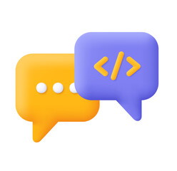 Fototapete - 3D Render:  Modern Yellow and Purple Code Chat Bubbles,  Friendly Tech Support Concept