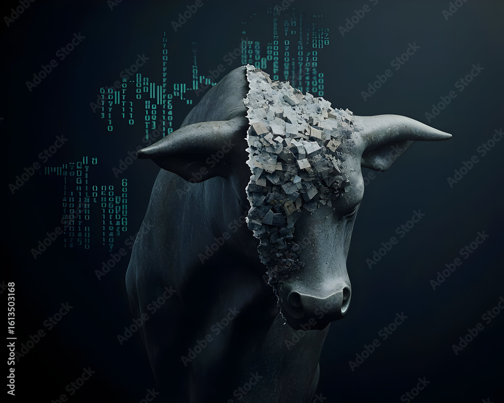 Overlay Bull Damaged bull statue, digital overlay. A dark bull statue has a ...