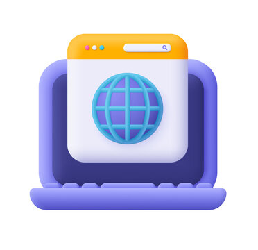 Stylized 3D Laptop Icon: Global Internet Access, Modern Design, Bright Color Palette