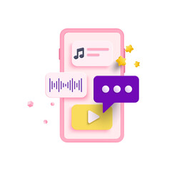 Poster - pink smartphone app interface: music streaming, messaging, and video playback