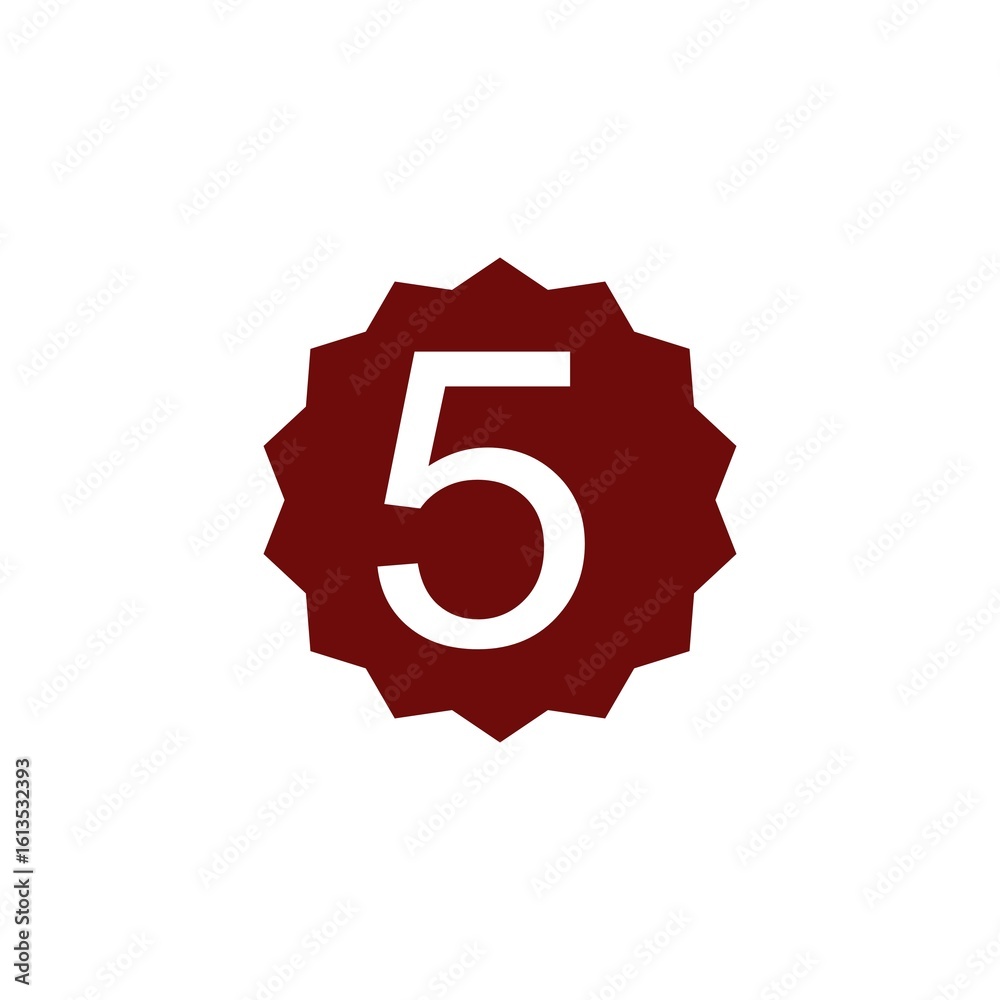 This image shows a bold white number 5 centered on a dark red starburst ...