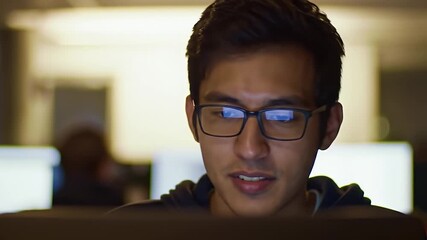 Close up of Focused Man Wearing Glasses Working on a Computer Screen in a Dark Office Environment Illuminated by the