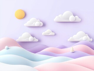 Poster - A serene and minimalist landscape featuring line art of rolling ocean waves against a backdrop of pastel colored skies and gently undulating hills