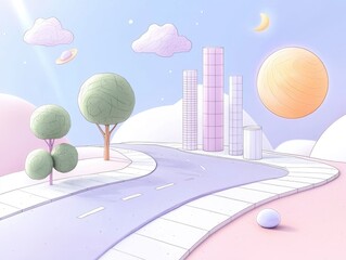 Poster - A minimalist and stylized cityscape under a pastel colored sunset sky featuring thin line details and a serene futuristic atmosphere