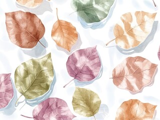 Poster - Soft and delicate pastel toned line art depicting a serene scene of various leaves gently floating on the calm  reflective surface of water  creating a minimalist  elegant