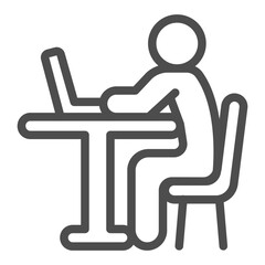Poster - Person work on laptop line icon, work from home concept, worker sits in chair at desk vector sign on white background, outline style icon for mobile concept and web design. Vector graphics.