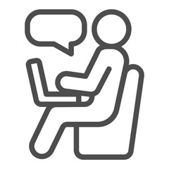Poster - Person with laptop line icon, work from home concept, worker in chair, speech bubble vector sign on white background, outline style icon for mobile concept and web design. Vector graphics.
