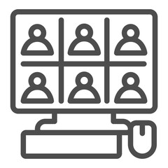 Poster - Monitor with video conference app line icon, remote work concept, PC, keyboard, mouse vector sign on white background, outline style icon for mobile concept and web design. Vector graphics.