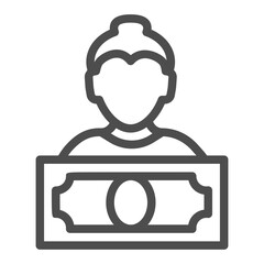 Poster - Woman and banknote line icon, salary payment concept, person with paper dollar money vector sign on white background, outline style icon for mobile concept and web design. Vector graphics.