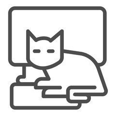 Poster - Computer, keyboard and cat line icon, leisure time concept, pet relax near PC monitor vector sign on white background, outline style icon for mobile concept and web design. Vector graphics.