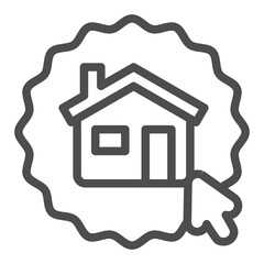 Poster - Sticker with house and mouse pointer line icon, work from home concept, remote job vector sign on white background, outline style icon for mobile concept and web design. Vector graphics.