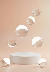 Poster - Abstract transparent spheres floating above a pedestal on a gradient background