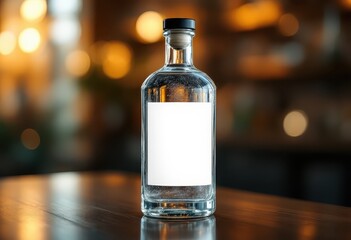 Empty bottle with blank label on a wooden surface.