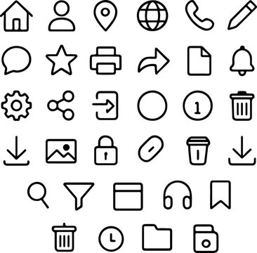 Collection of hand drawn outline icons representing various digital and everyday concepts silhouette
