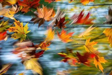 Poster - Autumn maple leaves falling creating a beautiful motion blur effect