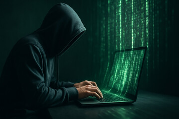 Poster - Digital Intruder: A cloaked figure, shrouded in anonymity, navigates the digital realm, illuminated by streams of code on a laptop. This image captures the clandestine nature of cyber threats.