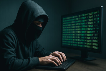 Poster - Cyber Intrusion: A hooded figure engrossed in coding on a computer, with lines of digital code filling the screen, conveying the atmosphere of online crime and the threat of cybersecurity breaches.