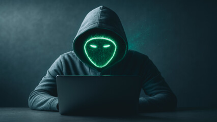 Poster - Cyber Intruder: A hooded figure with a glowing digital mask is shown in a dark room. They are seated in front of a laptop, suggesting cyber intrusion, hacking, and technological crime.