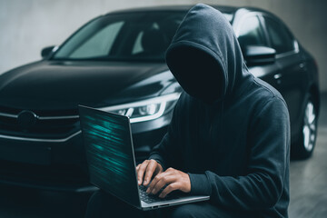 Poster - Cyber Criminal and Hacked Vehicle: An image portrays a hooded individual focused intensely on a laptop, implying a potential cybercrime, set against the backdrop of a parked vehicle.
