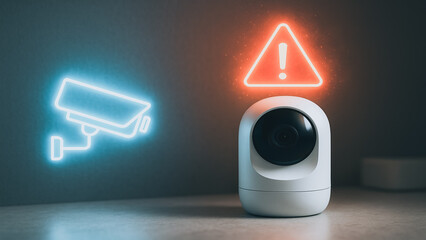 Poster - Surveillance Alert: A stark composition presents a modern security camera under a glowing warning sign, signifying caution.