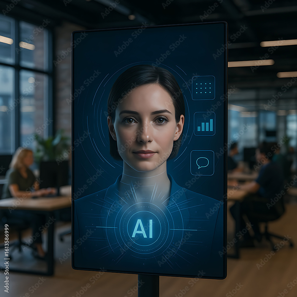 Virtual Helper Interface AI virtual assistant chatbot interface on modern desktop monitor inside ...