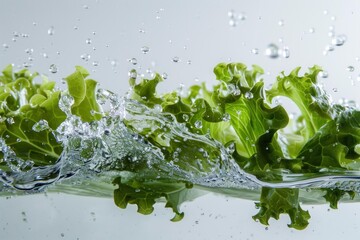 Poster - Green lettuce falling and splashing into clean water, creating bubbles and a refreshing image