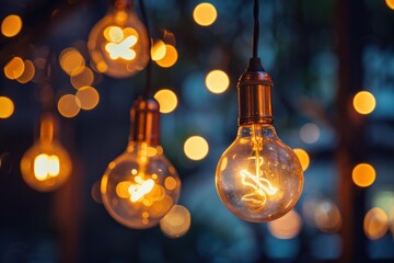 Poster - Beautiful vintage light bulbs illuminating the night, emitting a soft, warm glow and creating a magical bokeh effect