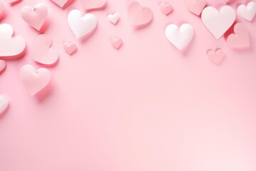 Poster - Valentine's day arrangement featuring pink and white hearts forming a border on a pastel pink background, offering copy space