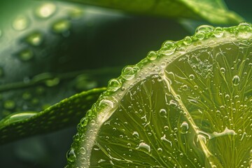 Poster - Fresh lime slice with water droplets, showcasing its vibrant green color and juicy texture