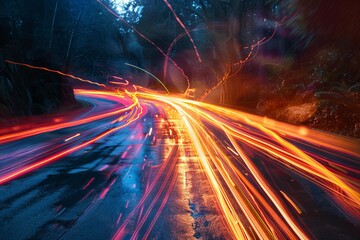 Poster - Long exposure of car light trails illuminating a winding road at night