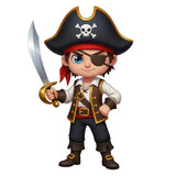  cute cartoon pirate boy with an eyepatch and sword, isolated on transparent background