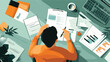 © Hoody Baba - Top View of Person Working at Desk with Documents and Laptop Vector Illustration
