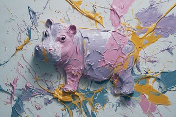 Poster - Colorful texture with a stylized hippo sculpture on a vibrant, paint-splattered background in an artistic setting