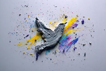 Poster - Colorful abstract art piece featuring a metallic bird silhouette on a splattered background